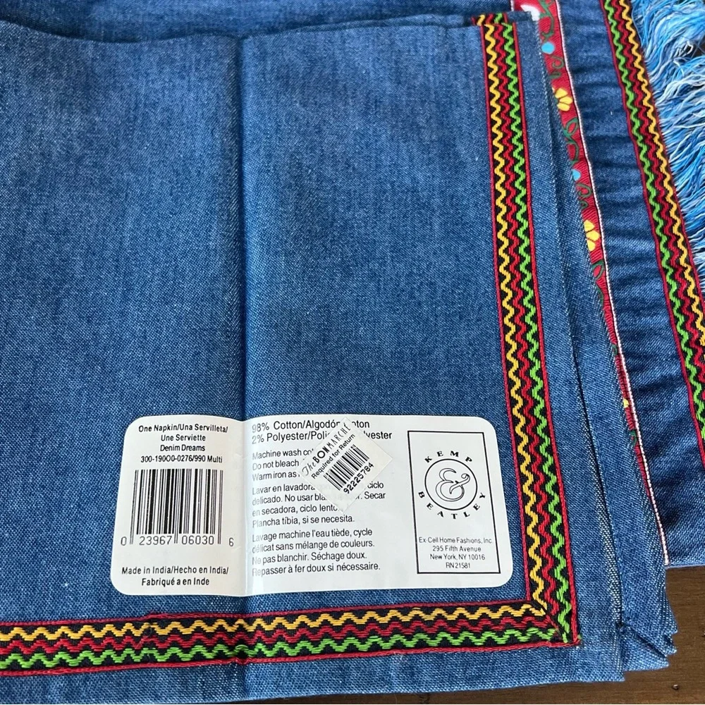 Vintage Boho Denim Placemats Napkins Set Fringe Farmhouse Table Decor NWT